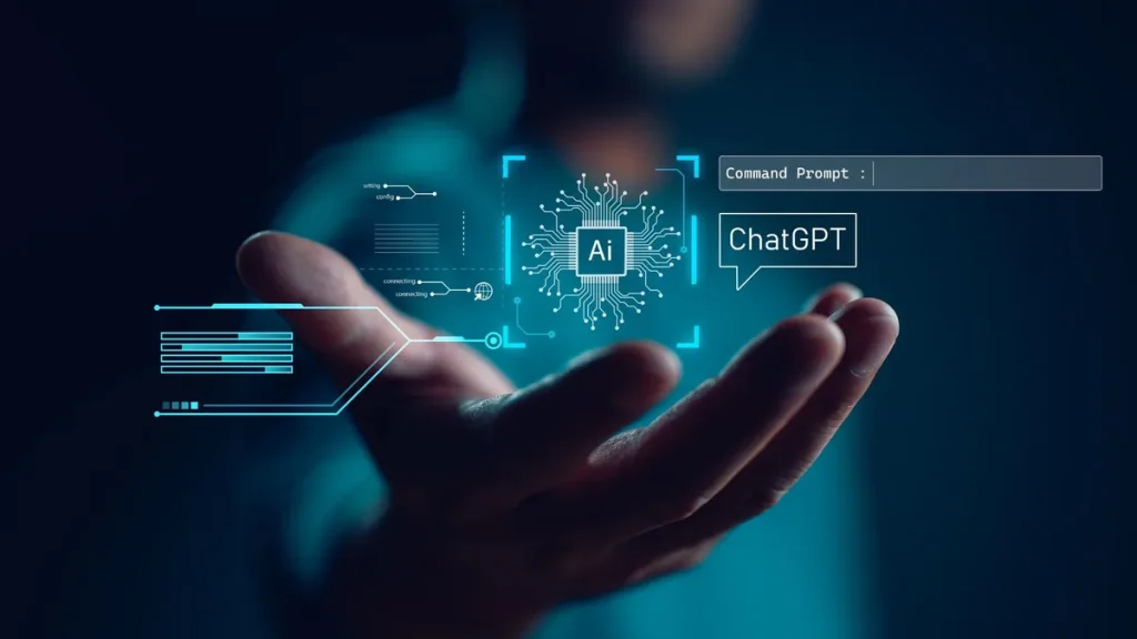 Hand holding a holographic AI interface with a ChatGPT prompt and digital circuit graphics, symbolizing practical AI technology.
