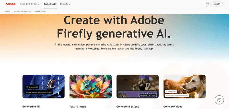 Screenshot der Adobe Firefly Homepage mit der Überschrift „Create with Adobe Firefly generative AI.“ und vier Vorschaubildern für die Funktionen Generative Fill, Text to Image, Generative Extend und Generate Video.