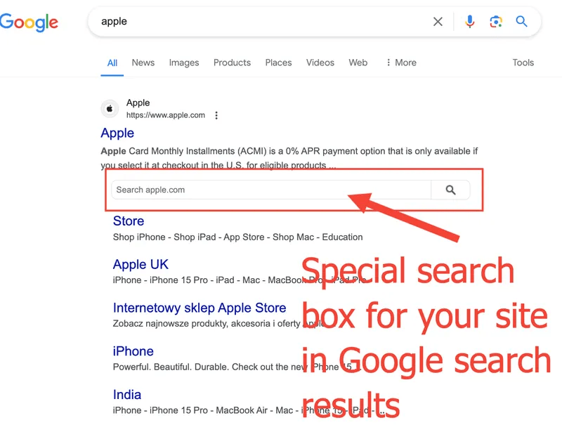A desktop screenshot showing the top Google search result for the query "apple". The official listing for apple.com is displayed along with several sitelinks (such as Store, Apple UK, iPhone, India).

Positioned directly below the main description snippet is an internal website search bar with the placeholder text "Search apple.com" and a magnifying glass icon. This specific input box is enclosed in a red rectangular frame. A red arrow points towards it from the bottom right, next to a large red text overlay that reads: "Special search box for your site in Google search results".
