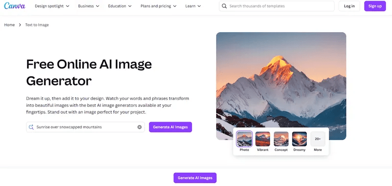 Screenshot der Canva „Free Online AI Image Generator“-Unterseite mit der Suchleiste „Sunrise over snowcapped mountains“, einem violetten Generieren-Button und einem großen Beispielbild eines schneebedeckten Berges bei Sonnenaufgang.