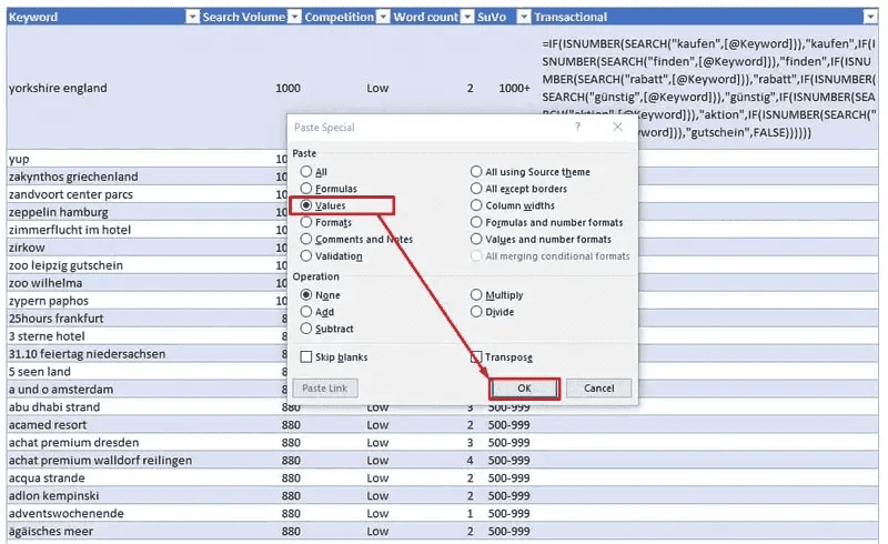 The image in Screenshot 2026-06-24 at 12.33.15.jpg displays an active Excel spreadsheet with an overlay menu: Background: A structured data table featuring blue header rows and alternating white and light-blue data rows. A complex =IF(ISNUMBER(SEARCH(... nested formula is visible inside one of the top cells. Foreground (Dialogue Box): A standard Windows "Paste Special" dialogue box is open in the middle of the screen. Visual Highlights: A red rectangular border highlights the "Values" radio button under the "Paste" section. Another red rectangular border highlights the "OK" button at the bottom of the window. A straight red arrow points directly from the selected "Values" option down to the "OK" button to indicate the required action sequence.