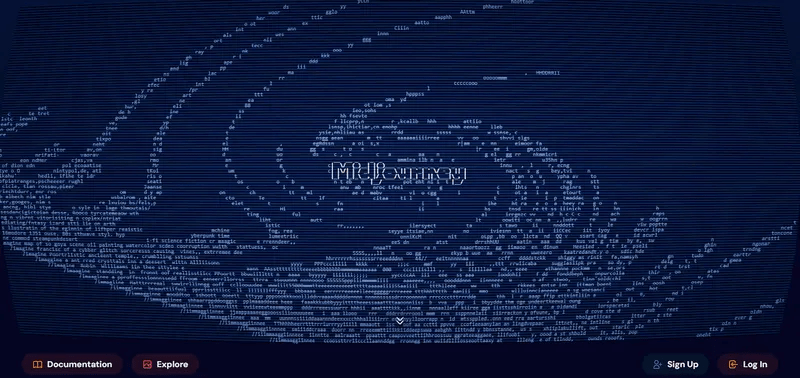 Screenshot der Midjourney-Startseite mit dem zentralen Schriftzug „Midjourney“ inmitten einer spiralförmigen Galaxie aus ASCII-Text und Codezeilen auf dunkelblauem Grund.