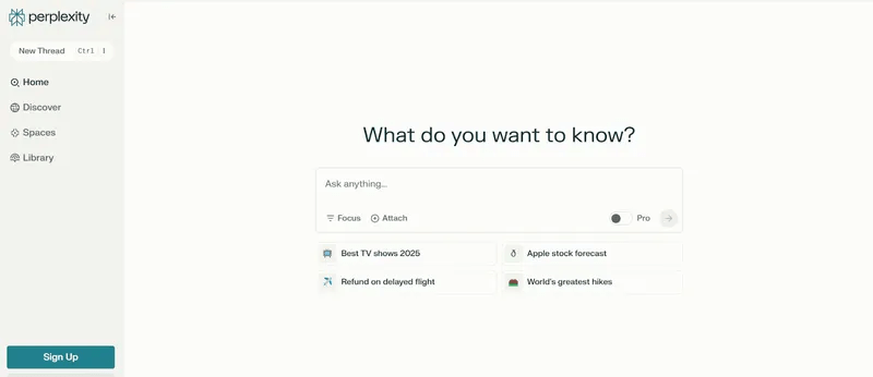 Screenshot of the Perplexity homepage featuring a central search box reading "Ask anything..." under the headline "What do you want to know?" alongside a left sidebar menu.