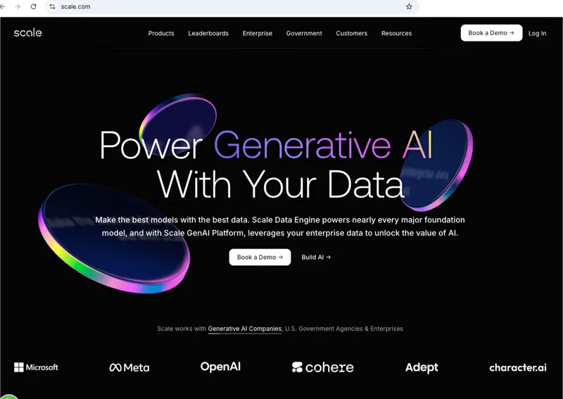 Screenshot of the scale.com homepage featuring the main headline "Power Generative AI With Your Data" on a dark theme with floating 3D elements.