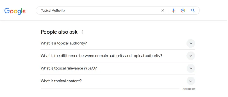 A desktop screenshot showing a portion of a Google Search engine results page. The search input field at the top contains the query "Topical Authority".

Directly below the top bar is the "People also ask" accordion box. It displays a list of four related questions, each featuring a light gray drop-down arrow icon on the right side:

"What is a topical authority?"

"What is the difference between domain authority and topical authority?"

"What is topical relevance in SEO?"

"What is topical content?"

A small gray "Feedback" link is visible at the bottom right corner of the feature box.