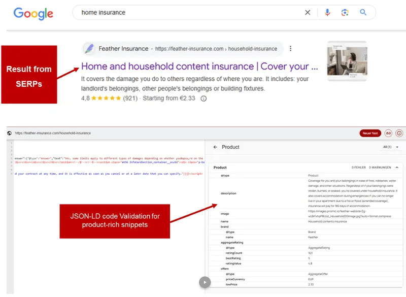 Screenshot connecting a live Google search result for Feather Insurance featuring review stars to its successful structured data validation inside a schema testing tool.