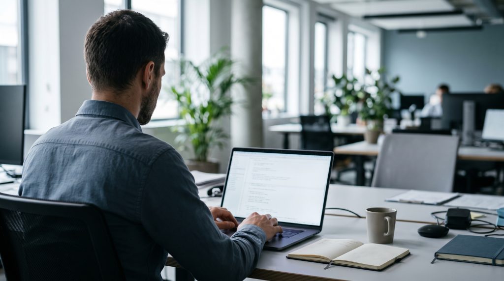 Mann sitzt vor Laptop am Schreibtisch