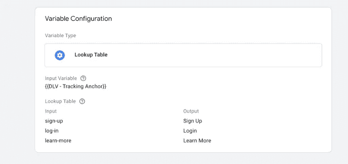 GTM UI - Tracking anchor - Variable configuration - Lookup table