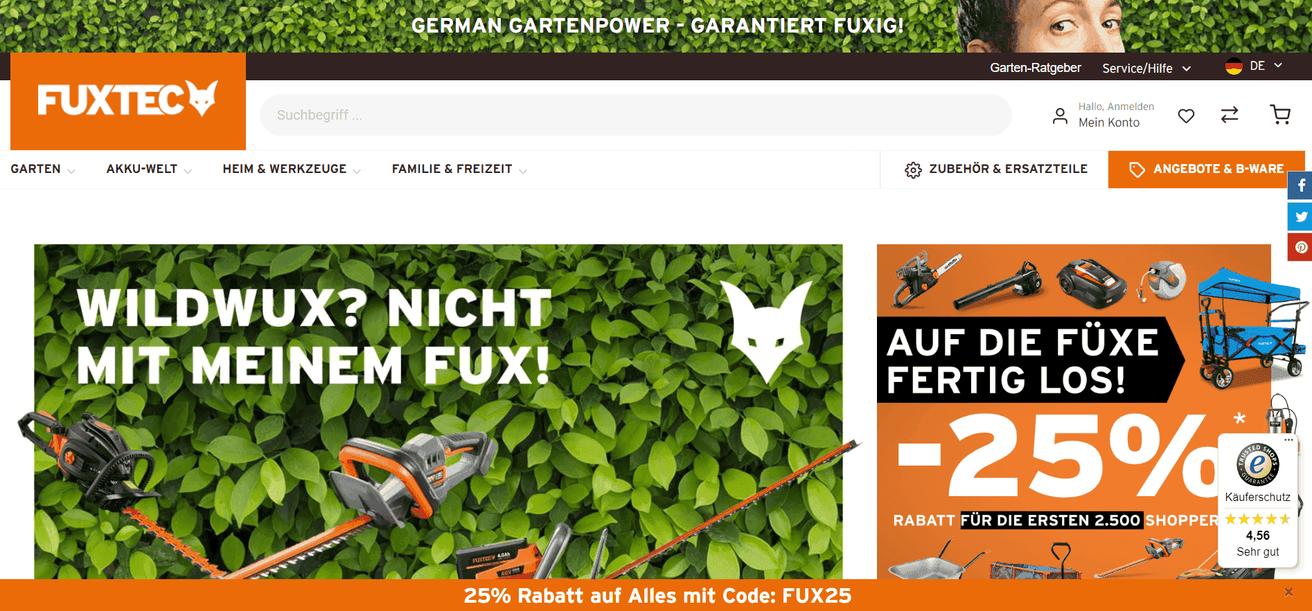 Homepage des Onlineshops "Fuxtec" zeigt verschiedene Angebote von Gartenartikeln